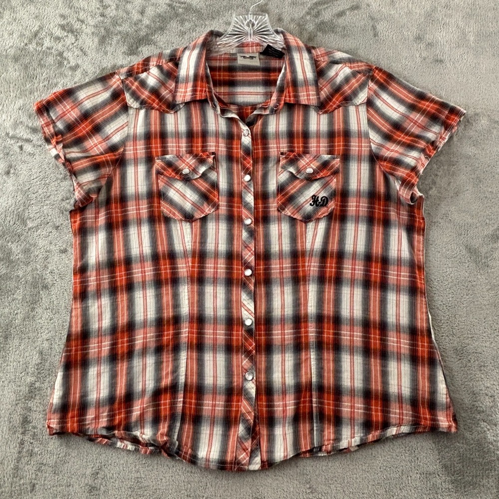 Harley-Davidson Spellout Short Sleeve Snap Shirt Womens XL Orange‎ Black Plaid